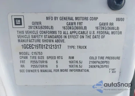 2001 Chevrolet Silverado 1500 Lt z USA, uszkodzony, nr VIN 1GCEC19T01Z121317